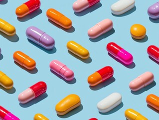 Pattern of medical capsules on light blue background. Seamless composition of vitamin supplements with hard shadows and vibrant colors