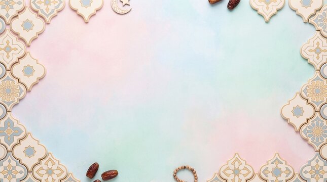 Beautiful pastel colored background with intricate tile border and dates with pastel background and ramadan and eid and festive background and celebratory background
