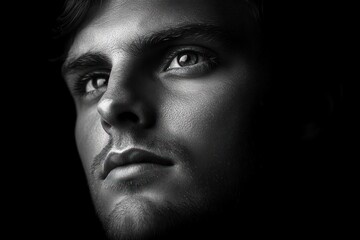 Obraz premium Close-up monochrome portrait of a young man with intense gaze and textured skin, showing deep contemplation and strong emotion