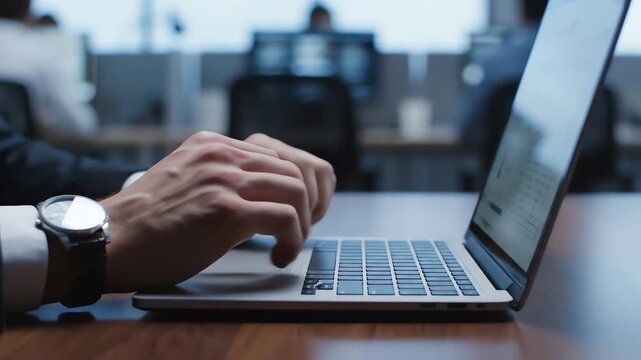 Close-up of a person's hands typing on a laptop keyboard on a wooden desk in a blurred office background with natural lighting.