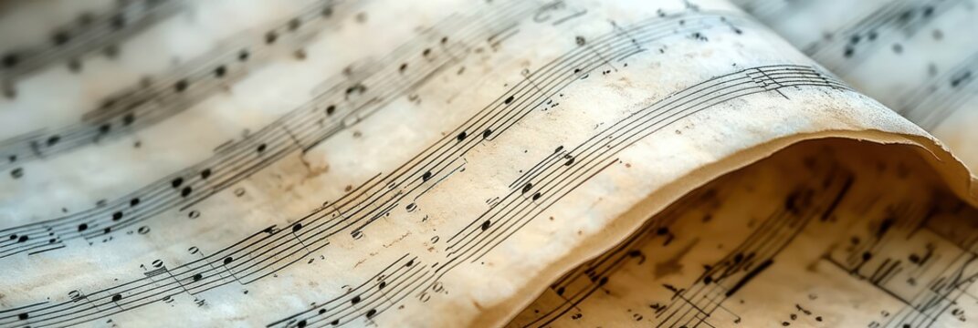 close-up of aged curling sheet music pages with printed musical notes and staves on stained textured paper evoking a nostalgic timeless mood