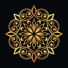 Golden mandala design on blak background