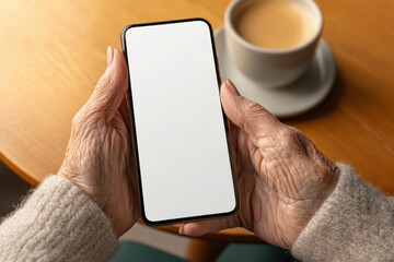 Elderly hands holding a smartphone with a blank screen, coffee cup in background. Close-up of wrinkled hands of an elderly person holding a modern smartphone with a white blank screen.