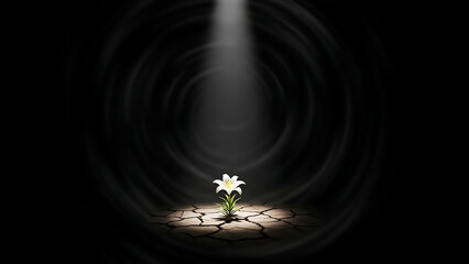 A single white lily flower sprouting from cracked earth under a solitary spotlight