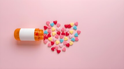 valentines heart pills spilling from orange medicine bottle on pink background