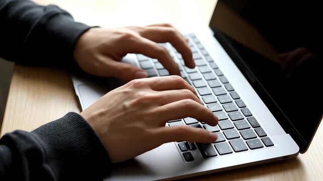 Close-up of hands typing on a laptop keyboard on a wooden desk with natural light.