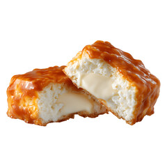 Golden crispy dessert with gooey custard filling and glossy caramel glaze, close-up of indulgent sweet treat with rich texture and melted center