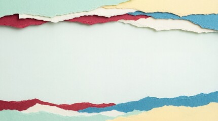Fototapeta premium Torn pastel colored paper layers in shades of red blue yellow and white creating a textured background with ripped edges and a light blue center