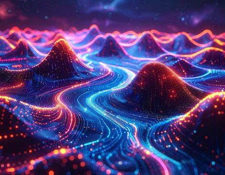 Digital landscape with glowing lines creating a surreal topography - Powered by Adobe