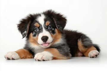 fluffy tricolor puppy with blue eyes lying on white background, tongue out with a playful and curious expression