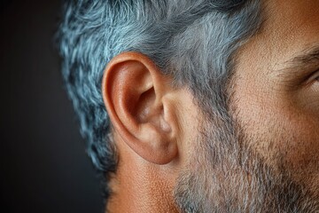 close-up of an older man's ear with gray hair and stubble, textured skin conveying quiet attentiveness