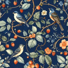 Obraz premium Vintage Floral Pattern with Birds, Strawberries and Flowers on Deep Blue Background