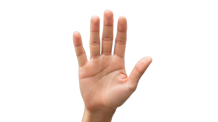 A human hand with palm facing forward on a transparent background.