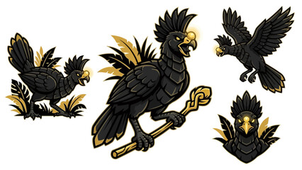 Obraz premium Mythical Black Cockatoo or Phoenix Mascot Set with Gold Scepter. Gaming Logo Emblem, Fantasy Bird Vector Illustration.