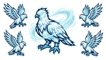 Obraz premium Ice Falcon Mascot Logo Set. Dynamic Frozen Eagle Vector Emblem Collection for Esports, Team Sports, and Gaming Branding.