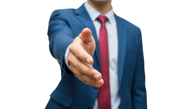 A businessman in a blue suit extends his hand for a handshake against a transparent background.