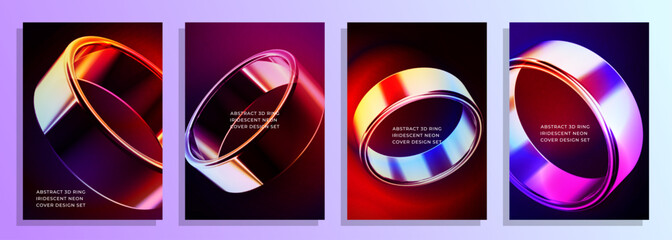 Abstract neon ring four vibrant circular cover poster background design set, With glowing colorful streams and reflections, abstract neon rings loop against dark colorful backgrounds.