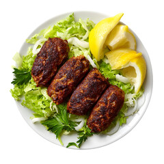 Grilled meat patties on fresh lettuce with lemon, parsley, cucumber, tomato, and olive garnish, Mediterranean cuisine on white plate, top view