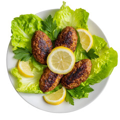 Grilled meat patties on fresh lettuce with lemon, parsley, cucumber, tomato, and olive garnish, Mediterranean cuisine on white plate, top view