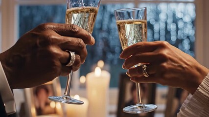Close-up of a couple toasting with champagne glasses, celebrating a special occasion at home.