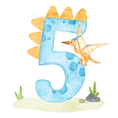 Number five with watercolor dinosaur pterodactyl. © Zuanshi