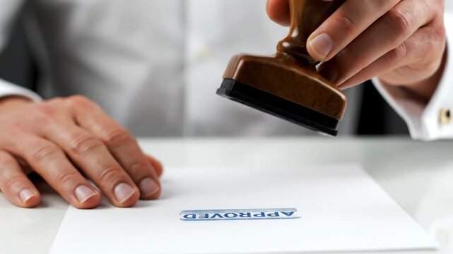 A hand stamps 'APPROVED' on a white paper. Detail on hand, stamp & cufflink visible