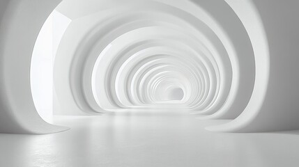 Obraz premium minimalist white arched tunnel with repeating curved openings, smooth reflective floor and soft light creating a serene futuristic atmosphere