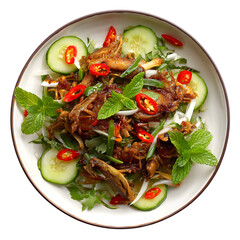 Stir-fried frog legs with savory glaze, green vegetables, and red chili peppers on plate, exotic Asian cuisine close-up on dark background