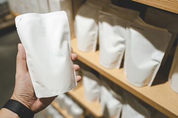 Hand holding a refill pouch in a zero waste retail store. Plastic waste reduction, and sustainable lifestyle choices. Eco conscious branding, zero waste, and marketing for sustainable consumer goods.