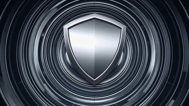 Silver shield icon metallic emblem security protection symbol reflective metal rotating motion glossy surface futuristic circle