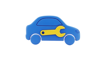 Blue cartoon car with yellow wrench isolated on transparent background