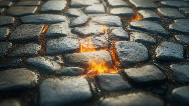 Cobblestone Pavement Texture with Orange Lava Cracks Dark Low Angle