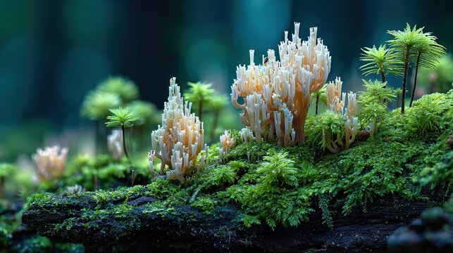Intimate macro portrait of sculptural fungi emerging from emerald moss on a shadow-dappled forest floor: a lone amber-orange jelly-capped mushroom cradling crystal-like droplets beside delicate bracke