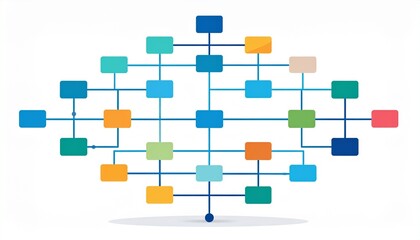 A complex network diagram with interconnected colorful rectangular nodes representing data flow or system architecture.