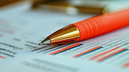 Fototapeta premium Close-up of an Orange Pen Resting on Financial Reports with Charts and Data, Business Concept of Analysis and Strategy Planning