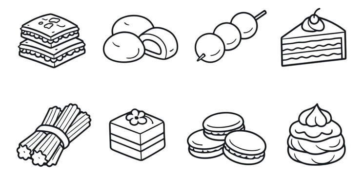 Hand drawn line art dessert icons set featuring various sweets like baklava, mochi, and macarons for food and bakery themes