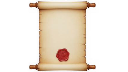 Ancient scroll with red seal isolated on transparent background