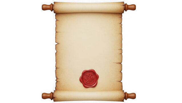 Ancient scroll with red seal isolated on transparent background