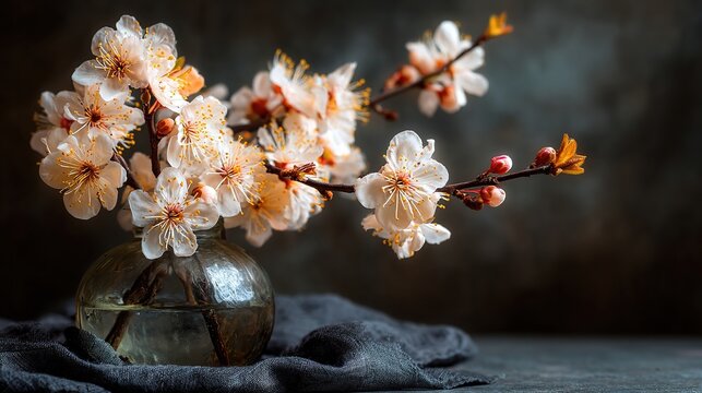 Delicate branch of flowering cherry plum bearing soft blush petals and tiny crimson buds stands in a timeworn vintage glass vase whose faceted surface catches faint highlights