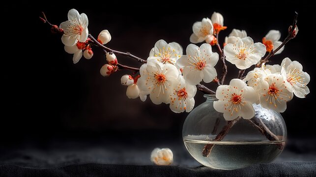 Delicate branch of flowering cherry plum bearing soft blush petals and tiny crimson buds stands in a timeworn vintage glass vase whose faceted surface catches faint highlights
