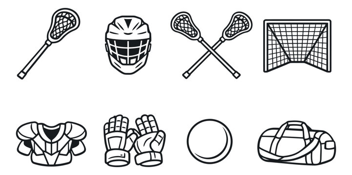 Hand drawn line art lacrosse equipment set featuring sticks, helmet, goal, shoulder pads, gloves, ball, and duffel bag for sports design and branding