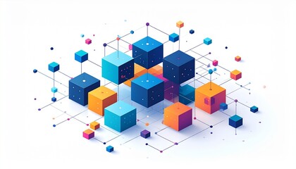 Abstract 3D rendering of interconnected colorful cubes and spheres forming a complex network structure on a white background.