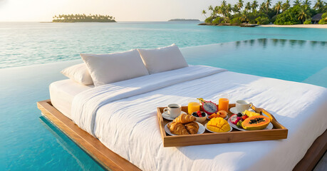 Seaside Breakfast Bliss: A serene morning scene featuring a bed floating in an infinity pool, a tray of delectable breakfast treats, and the calm sea in the background.