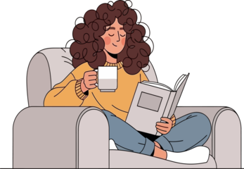 Relaxed woman enjoying a cozy moment with a book and coffee