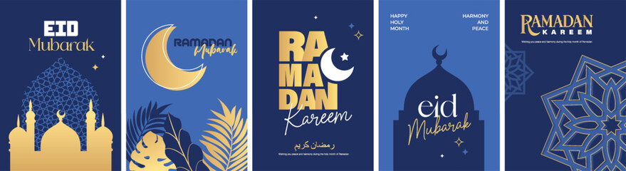 Islamic festival poster background design with mosque, flower, arabic calligraphy, crescent moon and lantern. Suitable for Ramadan Kareem , Hari Raya, Eid Mubarak, Eid al Adha.