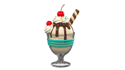 Delicious Ice Cream Sundae with Cherry and Wafer Stick