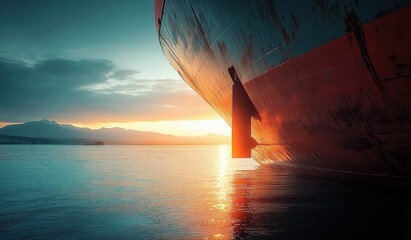 Obraz premium Massive ship hull and rudder at sunset over calm reflective sea with distant mountains, warm golden light and a serene, peaceful mood