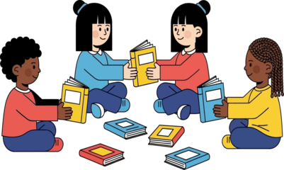 Diverse group of children happily reading books together in a circle