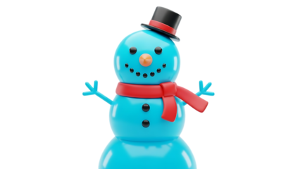 Inflatable blue snowman wearing a red scarf and black top hat isolated on transparent background