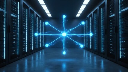 A futuristic data center with glowing blue network connections and servers in a dark room with fluorescent lighting. - Powered by Adobe